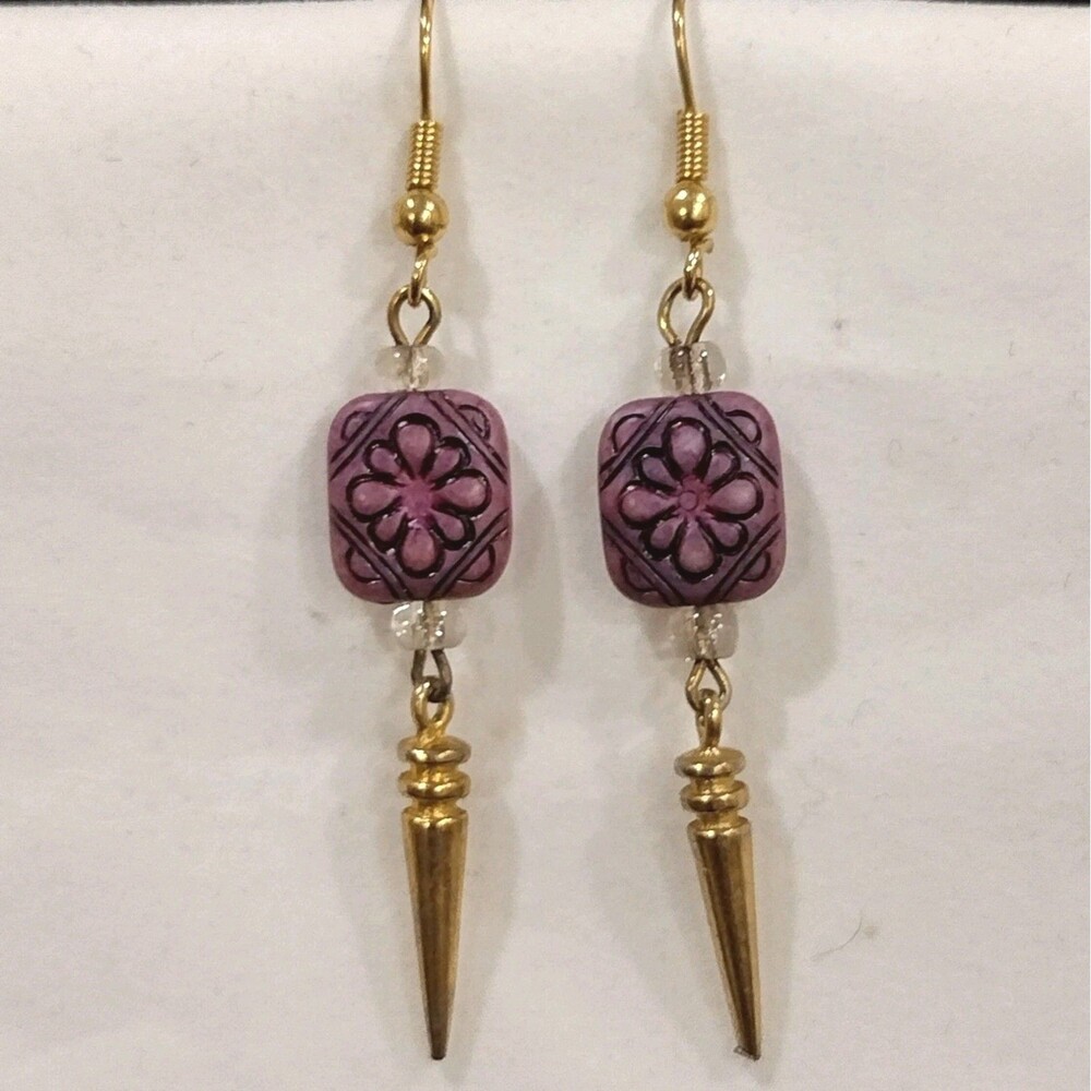 Purple Wooded carved dangle Earrings with gold accents